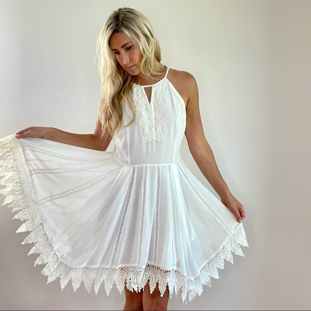 Greylin White Asymmetrical Lace Trim Dress Large - Picture 13 of 15